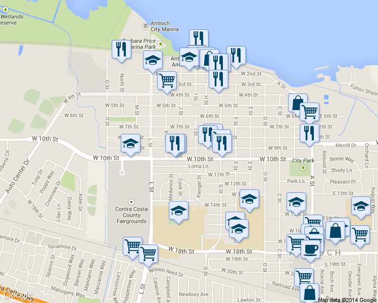 map of restaurants, bars, coffee shops, grocery stores, and more near 810 West 10th Street in Antioch