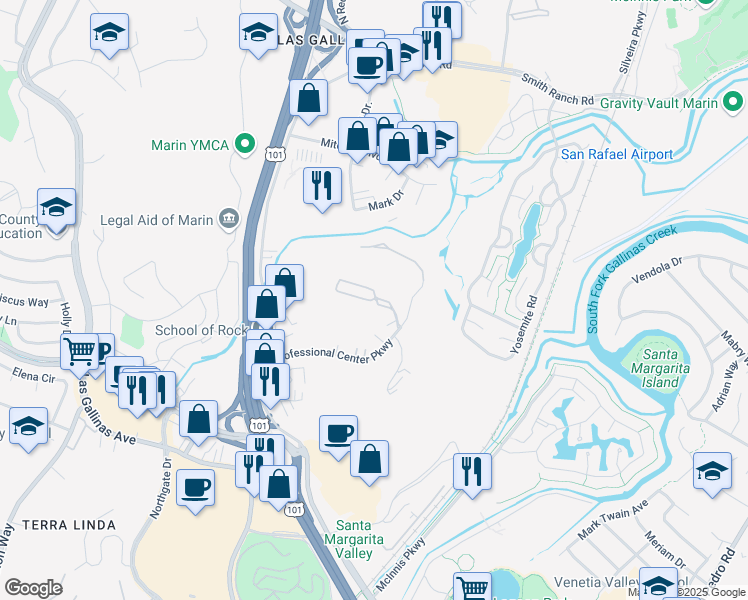 map of restaurants, bars, coffee shops, grocery stores, and more near 360 Channing Way in San Rafael