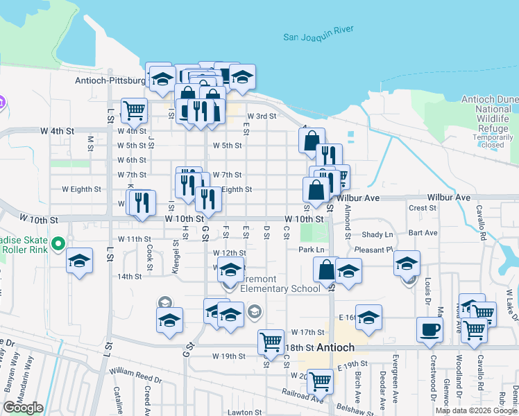 map of restaurants, bars, coffee shops, grocery stores, and more near 307 West 9th Street in Antioch