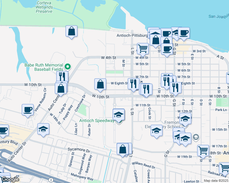 map of restaurants, bars, coffee shops, grocery stores, and more near 1301 West 9th Street in Antioch