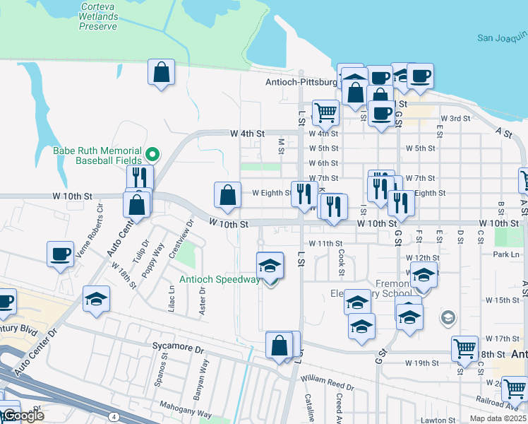 map of restaurants, bars, coffee shops, grocery stores, and more near 1225 West 9th Street in Antioch