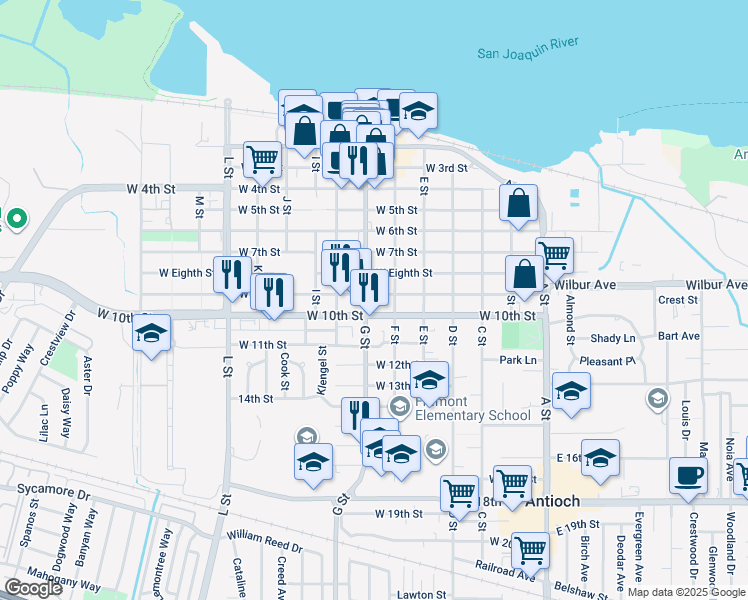 map of restaurants, bars, coffee shops, grocery stores, and more near 519 West 9th Street in Antioch