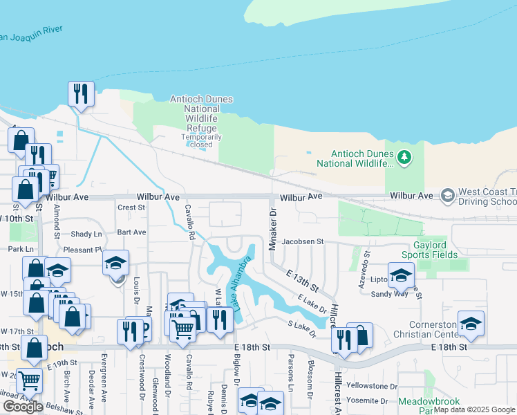 map of restaurants, bars, coffee shops, grocery stores, and more near 701 Wilbur Avenue in Antioch