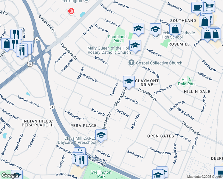 map of restaurants, bars, coffee shops, grocery stores, and more near 602 Portland Drive in Lexington