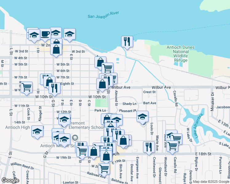 map of restaurants, bars, coffee shops, grocery stores, and more near 908 Almond Street in Antioch