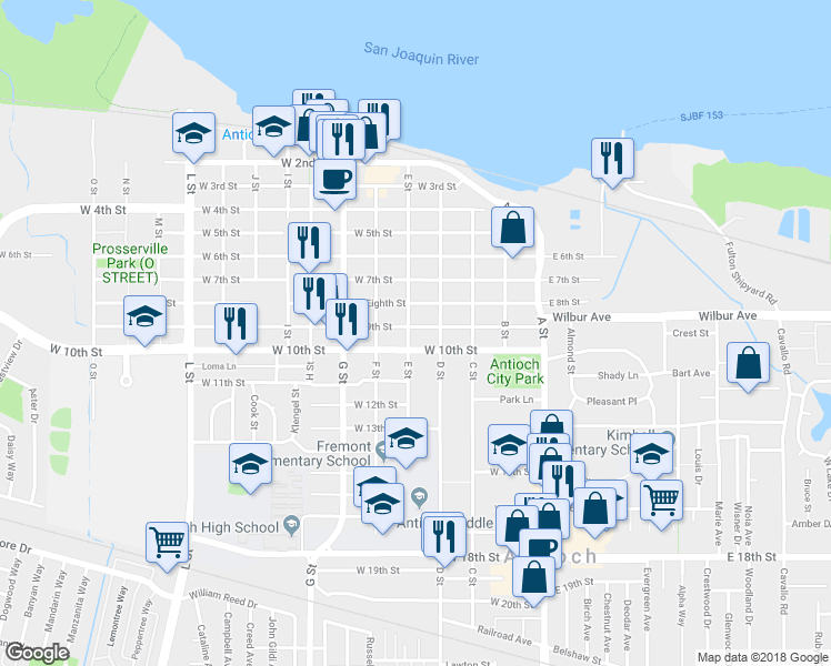 map of restaurants, bars, coffee shops, grocery stores, and more near 321 West 9th Street in Antioch