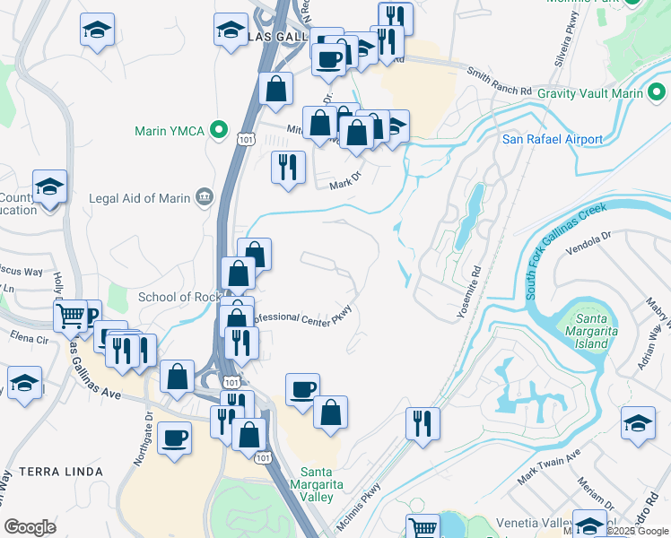 map of restaurants, bars, coffee shops, grocery stores, and more near 300 Channing Way in San Rafael
