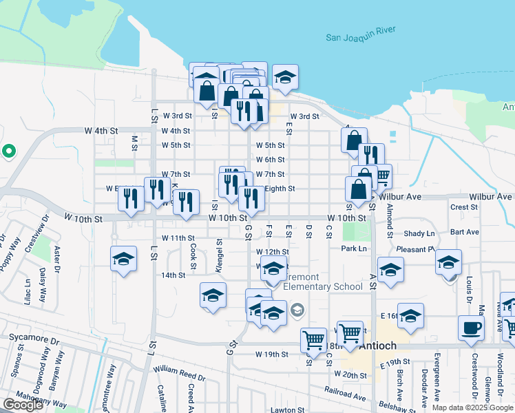 map of restaurants, bars, coffee shops, grocery stores, and more near 515 West 9th Street in Antioch