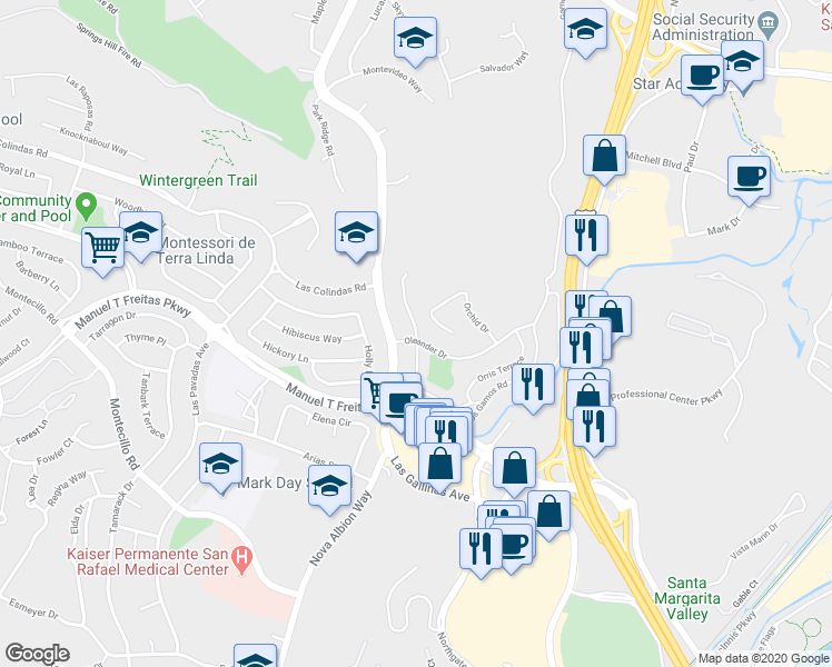 map of restaurants, bars, coffee shops, grocery stores, and more near Orange Blossom Lane in San Rafael