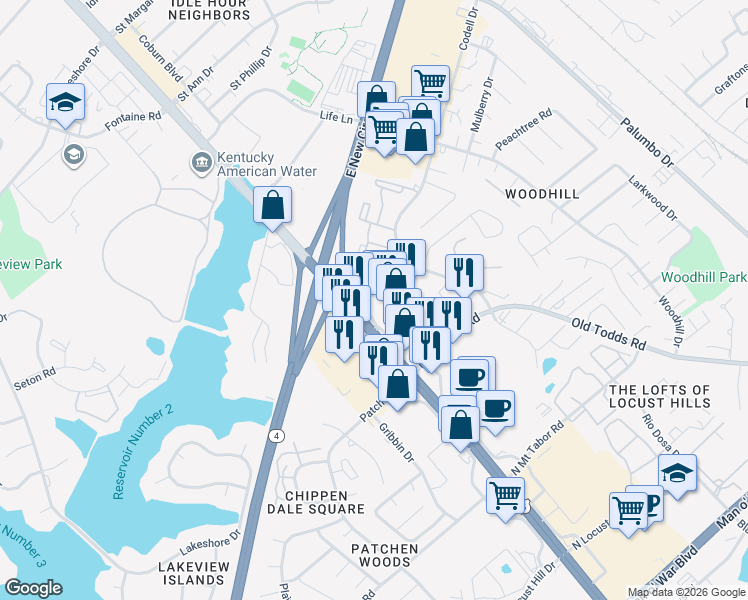 map of restaurants, bars, coffee shops, grocery stores, and more near 2551 Richmond Road in Lexington