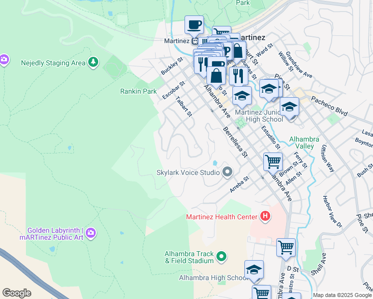 map of restaurants, bars, coffee shops, grocery stores, and more near 1042 West Arlington Street in Martinez
