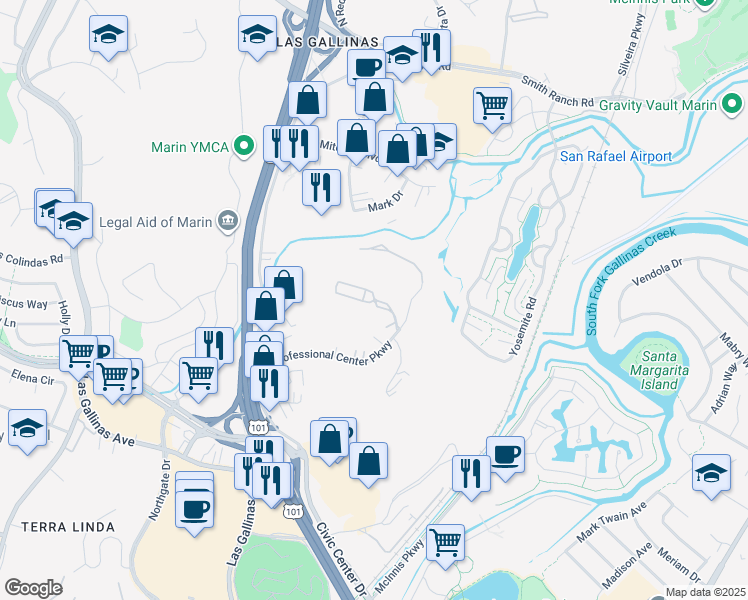 map of restaurants, bars, coffee shops, grocery stores, and more near 360 Channing Way in San Rafael