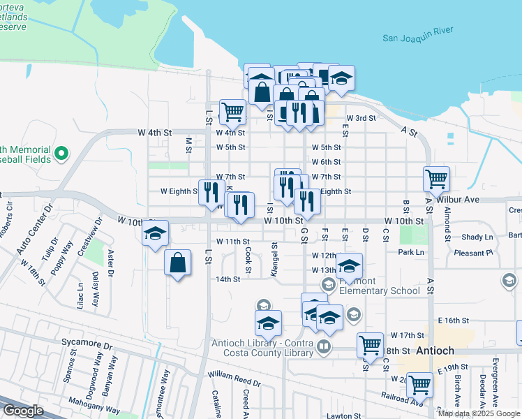 map of restaurants, bars, coffee shops, grocery stores, and more near 809 West 9th Street in Antioch