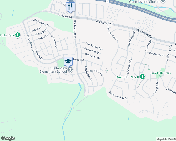 map of restaurants, bars, coffee shops, grocery stores, and more near 1804 San Andres Drive in Pittsburg