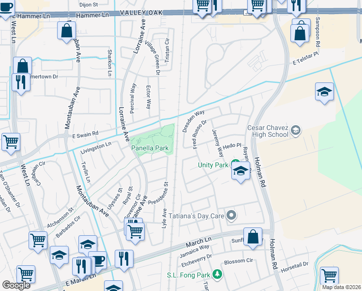 map of restaurants, bars, coffee shops, grocery stores, and more near 5809 Dresden Way in Stockton