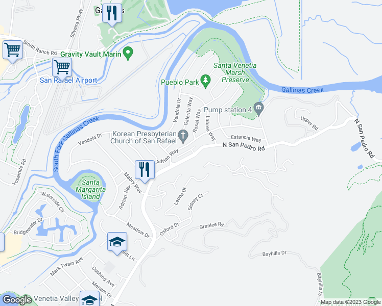 map of restaurants, bars, coffee shops, grocery stores, and more near 24 Adrian Terrace in San Rafael