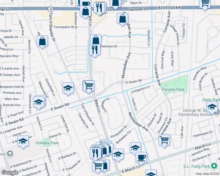 map of restaurants, bars, coffee shops, grocery stores, and more near 5940 Arabian Place in Stockton