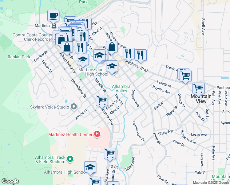 map of restaurants, bars, coffee shops, grocery stores, and more near 802 Robinson Street in Martinez