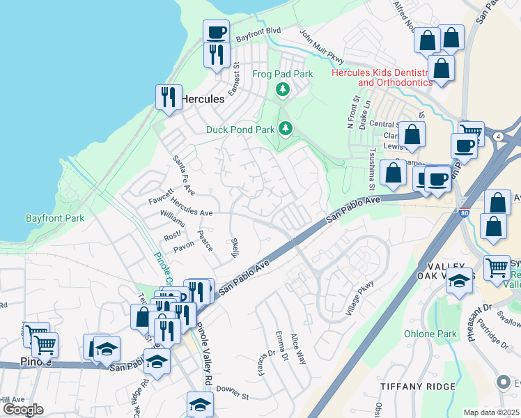map of restaurants, bars, coffee shops, grocery stores, and more near 308 Atlas in Hercules