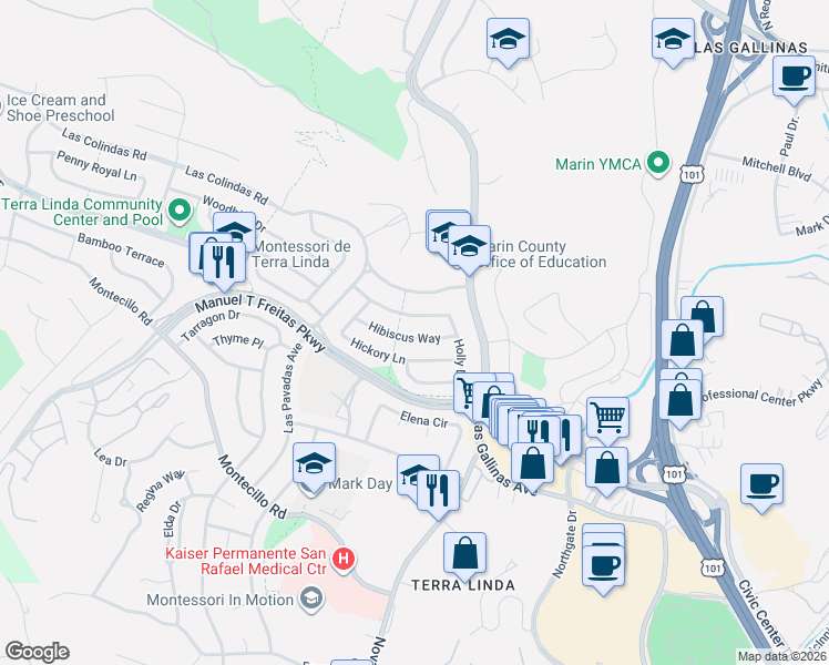 map of restaurants, bars, coffee shops, grocery stores, and more near 381 Hibiscus Way in San Rafael