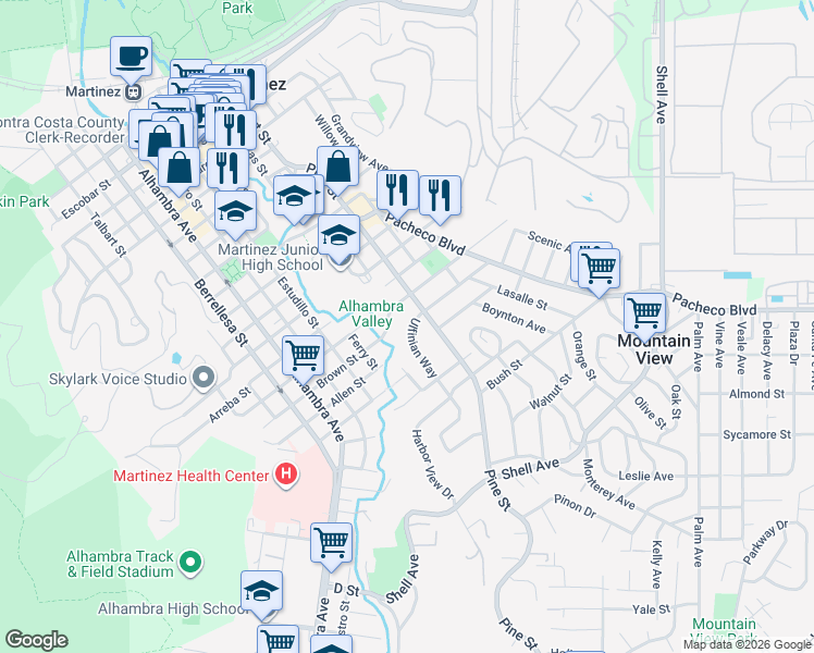 map of restaurants, bars, coffee shops, grocery stores, and more near 1021 Ulfinian Way in Martinez