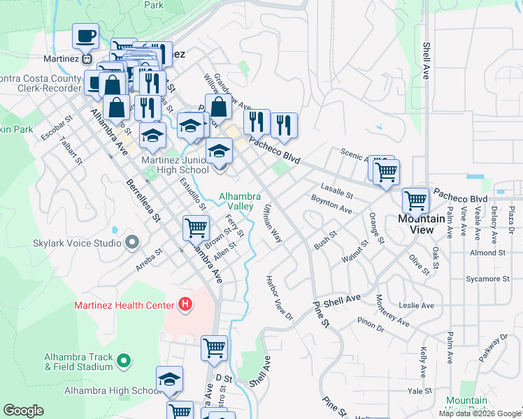 map of restaurants, bars, coffee shops, grocery stores, and more near 1021 Ulfinian Way in Martinez