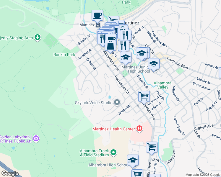map of restaurants, bars, coffee shops, grocery stores, and more near 1301 Thomas Drive in Martinez