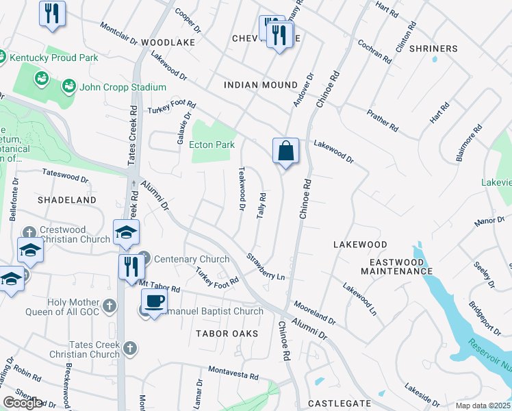 map of restaurants, bars, coffee shops, grocery stores, and more near 641 Tally Road in Lexington
