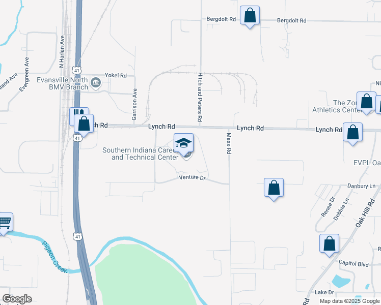 map of restaurants, bars, coffee shops, grocery stores, and more near 1901 Lynch Road in Evansville