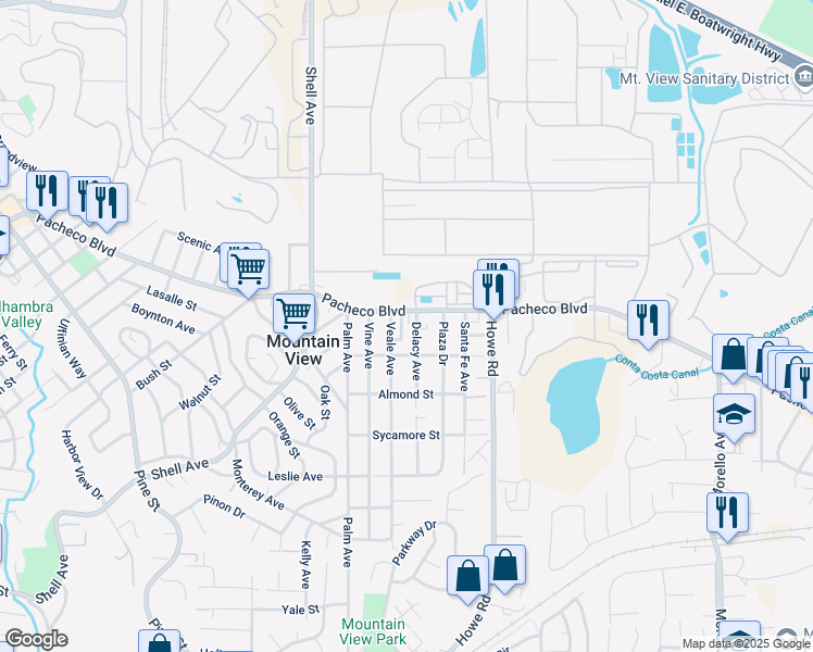 map of restaurants, bars, coffee shops, grocery stores, and more near 40 Ashley Place in Martinez