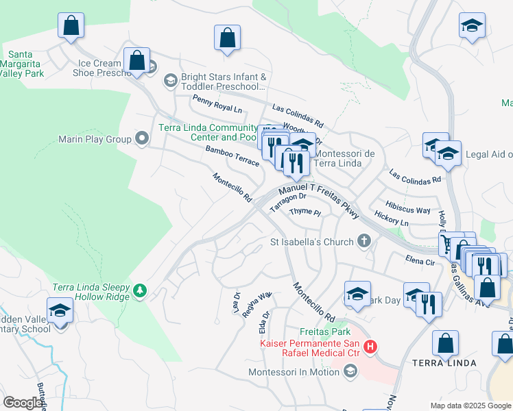 map of restaurants, bars, coffee shops, grocery stores, and more near Manuel T Freitas Pkwy & Montecillo Rd in San Rafael