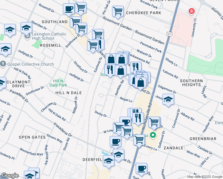 map of restaurants, bars, coffee shops, grocery stores, and more near 2043 Rambler Road in Lexington