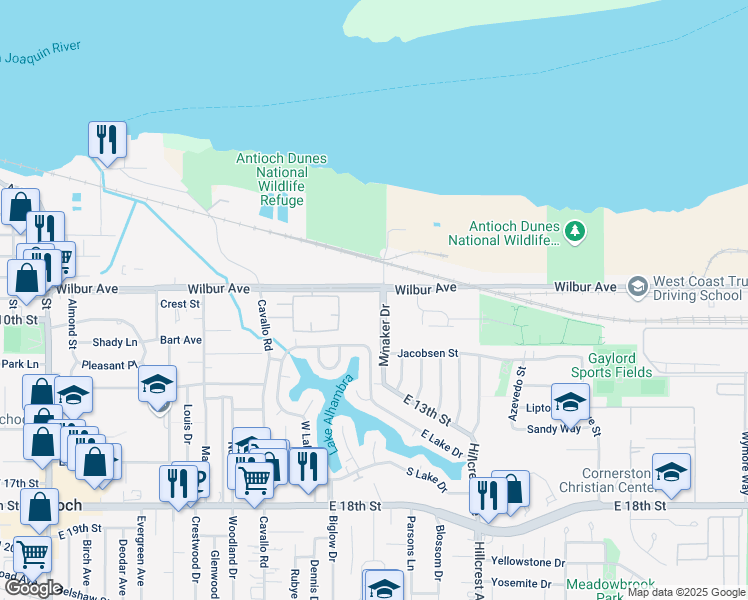 map of restaurants, bars, coffee shops, grocery stores, and more near 701 Wilbur Avenue in Antioch