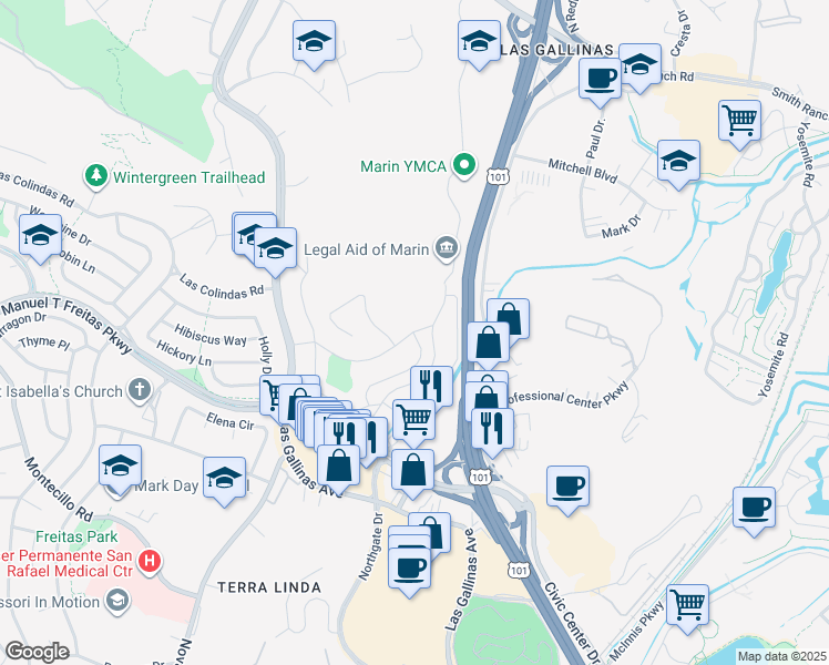 map of restaurants, bars, coffee shops, grocery stores, and more near Oleander Drive & Orris Terrace in San Rafael
