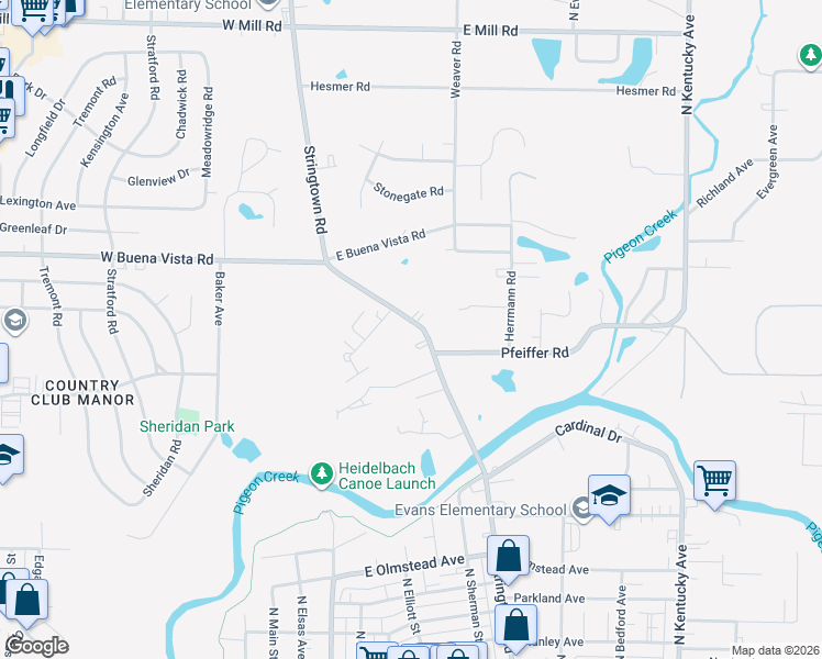 map of restaurants, bars, coffee shops, grocery stores, and more near 3708 Stringtown Road in Evansville