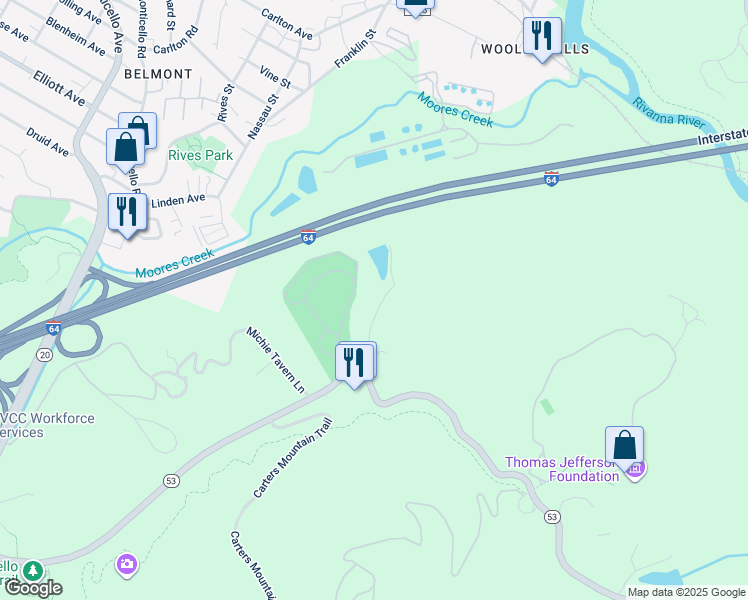 map of restaurants, bars, coffee shops, grocery stores, and more near 894 Jefferson Lake Drive in Charlottesville