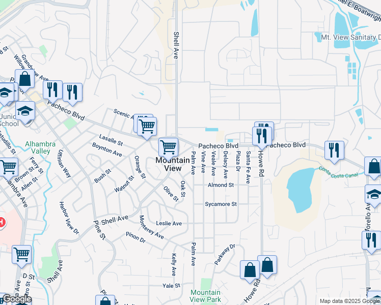 map of restaurants, bars, coffee shops, grocery stores, and more near 1385 Palm Avenue in Martinez