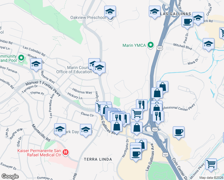 map of restaurants, bars, coffee shops, grocery stores, and more near 266 Oleander Drive in San Rafael