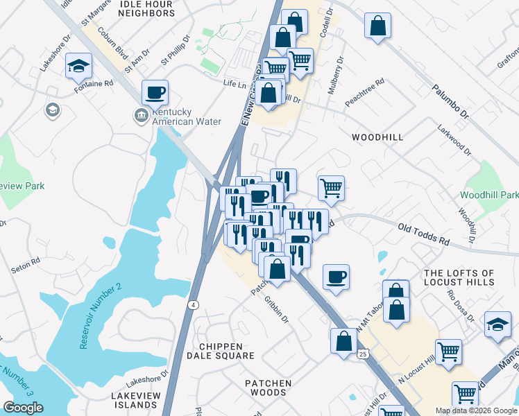 map of restaurants, bars, coffee shops, grocery stores, and more near 2551 Richmond Road in Lexington