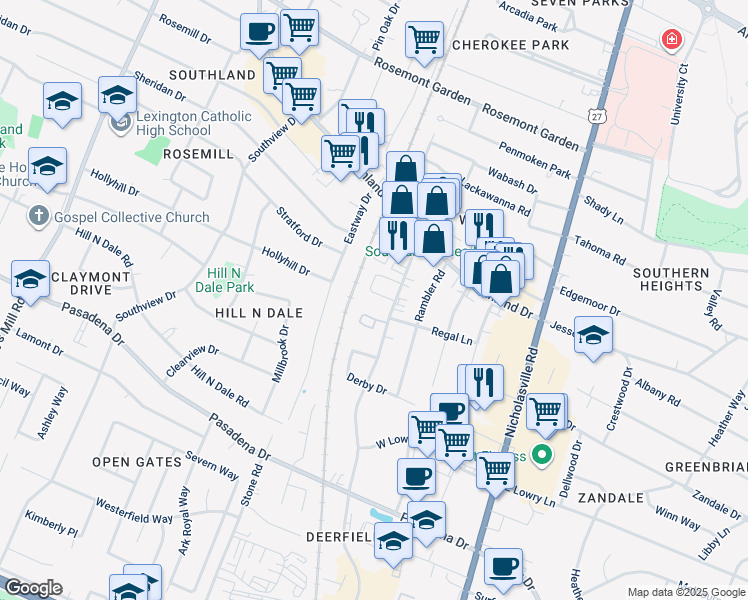map of restaurants, bars, coffee shops, grocery stores, and more near 269 Regency Circle in Lexington
