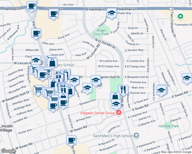 map of restaurants, bars, coffee shops, grocery stores, and more near West Benjamin Holt Drive & Alturas Avenue in Stockton