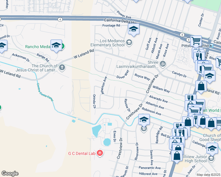 map of restaurants, bars, coffee shops, grocery stores, and more near 15 Orinda Court in Pittsburg