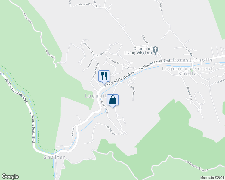 map of restaurants, bars, coffee shops, grocery stores, and more near 10 Mountain View Road in Lagunitas