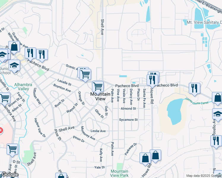 map of restaurants, bars, coffee shops, grocery stores, and more near 1385 Palm Avenue in Martinez