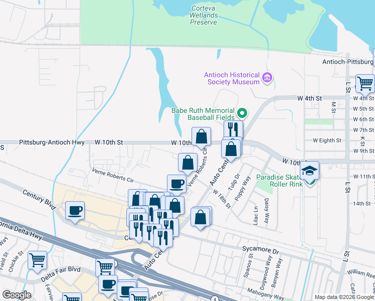 map of restaurants, bars, coffee shops, grocery stores, and more near 2101 West 10th Street in Antioch