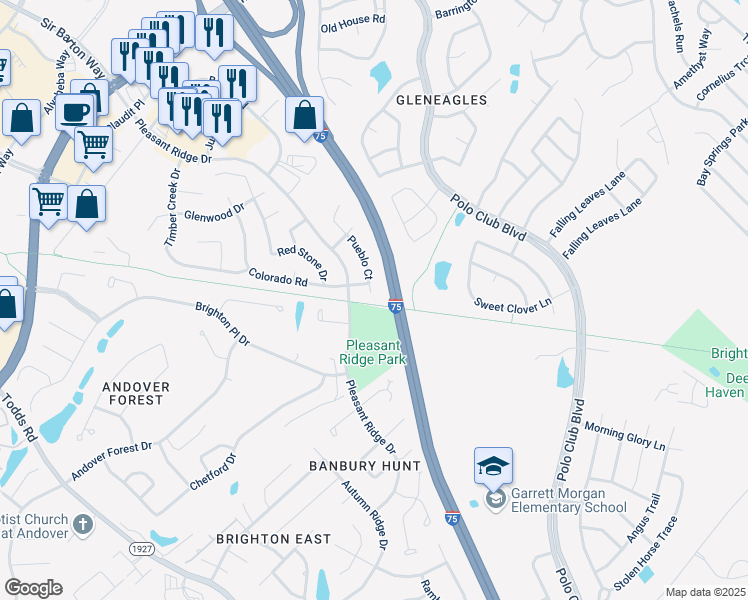map of restaurants, bars, coffee shops, grocery stores, and more near 3433 Pueblo Court in Lexington