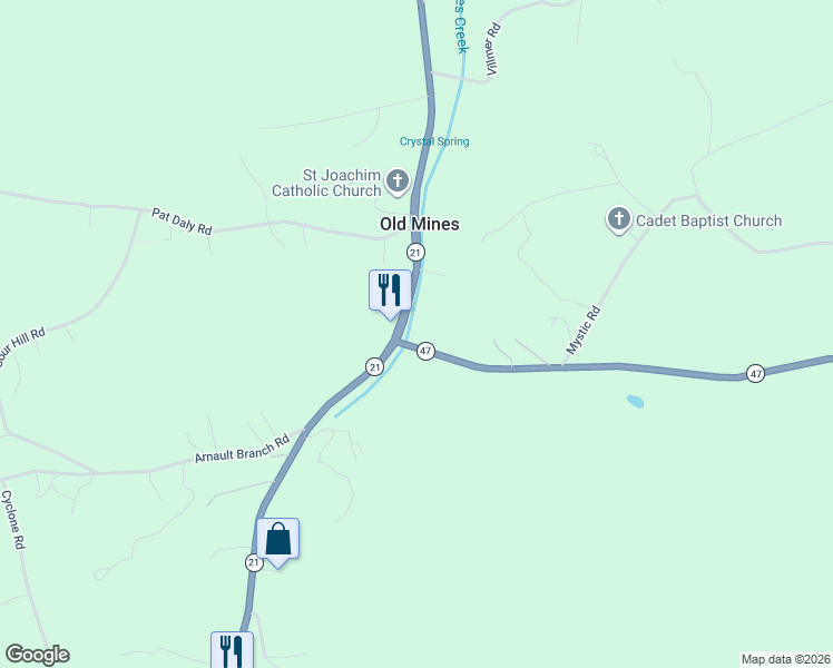 map of restaurants, bars, coffee shops, grocery stores, and more near 10033 State Highway 47 in Cadet