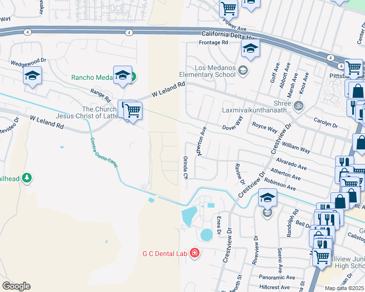 map of restaurants, bars, coffee shops, grocery stores, and more near 22 Orinda Circle in Pittsburg