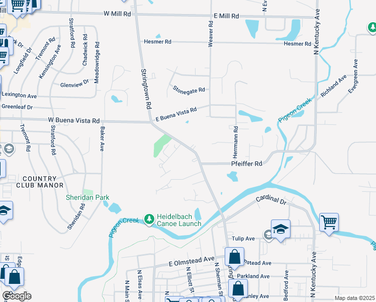 map of restaurants, bars, coffee shops, grocery stores, and more near 3708 Stringtown Road in Evansville