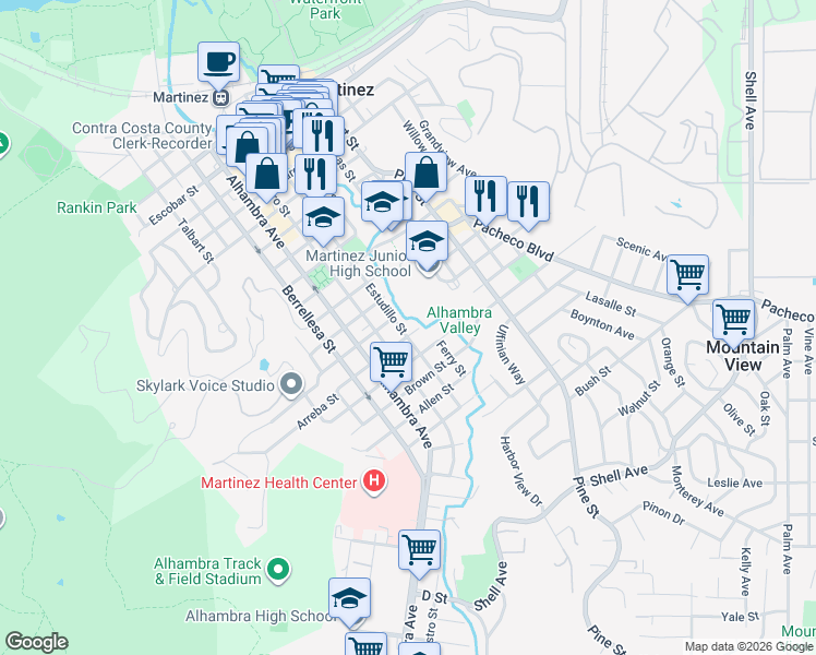 map of restaurants, bars, coffee shops, grocery stores, and more near 1631 Estudillo Street in Martinez